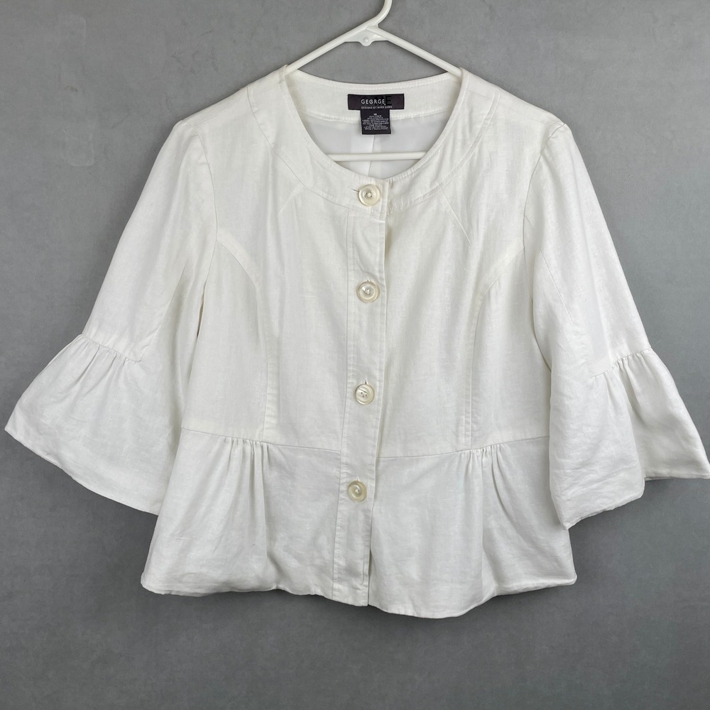 George‎ ME Mark Eisen Arctic White Linen Blend Bell Sleeve Peplum Work Jacket 10